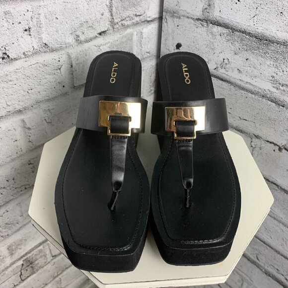 Aldo Square Toe Black Faux Leather Platform Thong Wedge Sandal - Picture 2 of 9
